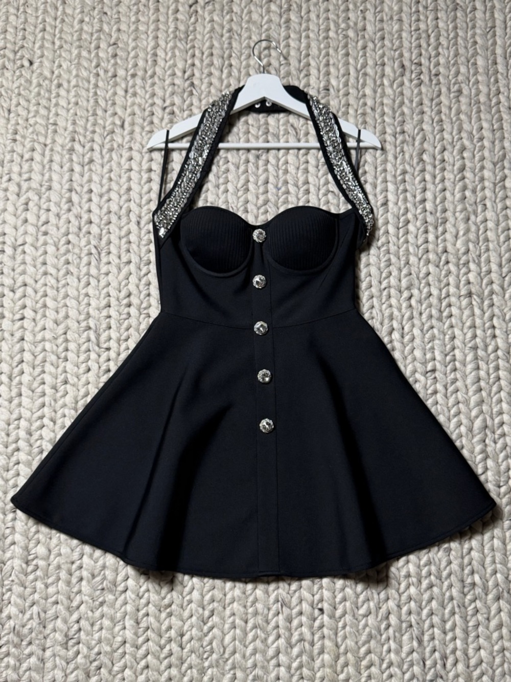 FASHIONOVA- Black Rhinestone Halter Fit-and-Flare Mini Dress